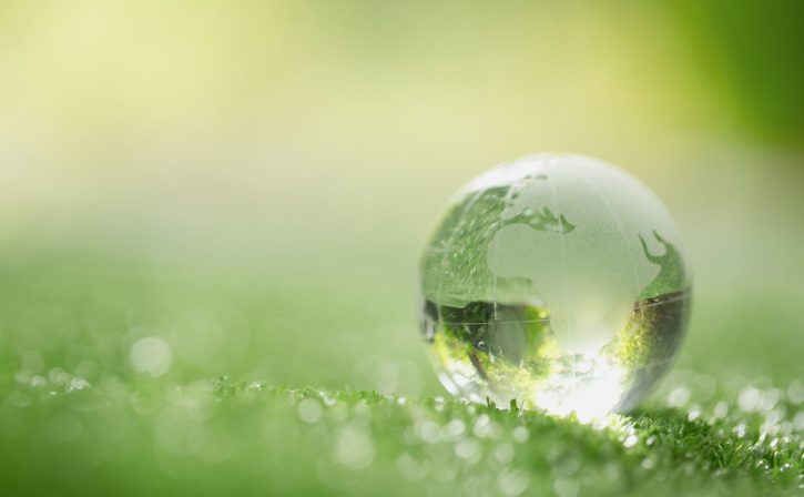 Close up of crystal globe resting on grass in a forest - environment concept